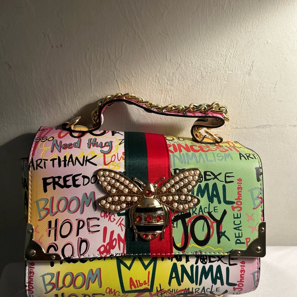 Vibrant Multicolor Shoulder Bag with Bee Accent